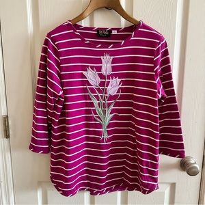 Bob Mackie. Tulip embroidered three quarter sleeve tee